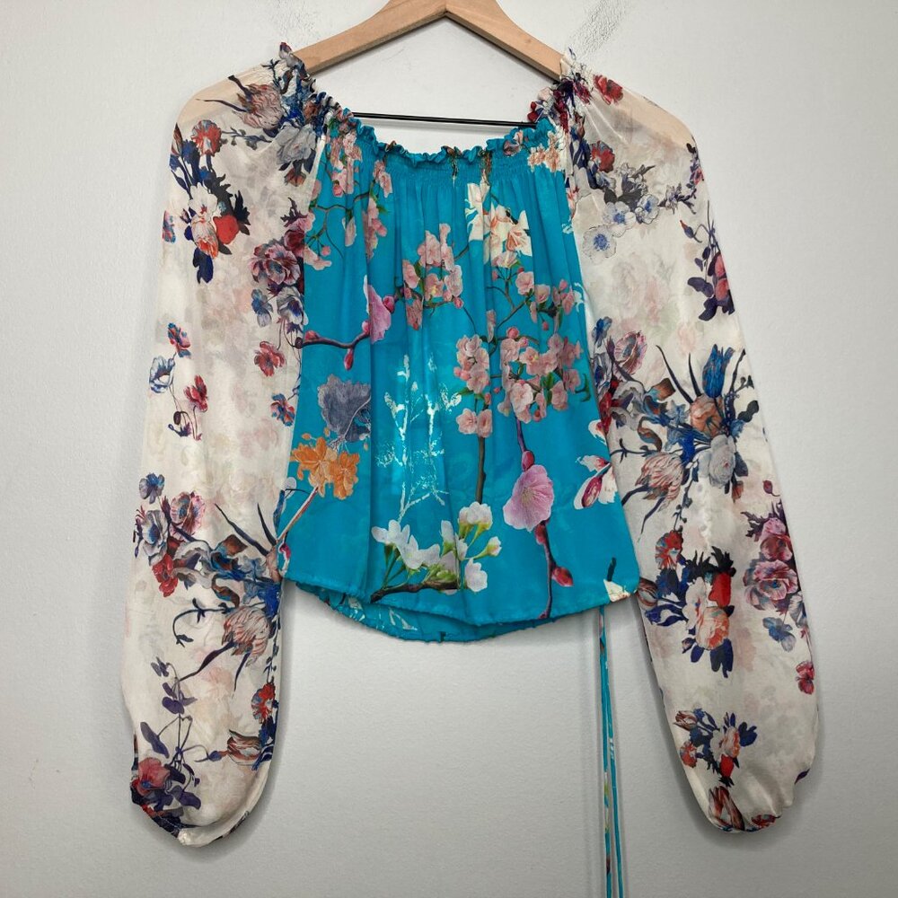 Rococo Sand Top Womens Extra Small Silk Blue Floral Bella Cropped Boho Beach